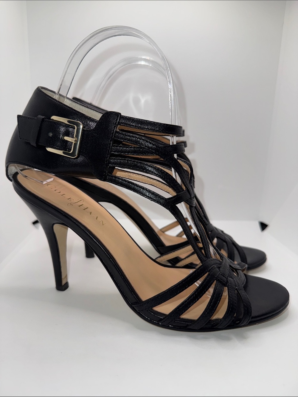 Cole Haan Black Leather T-Strap Caged Heels Women’s 6.5